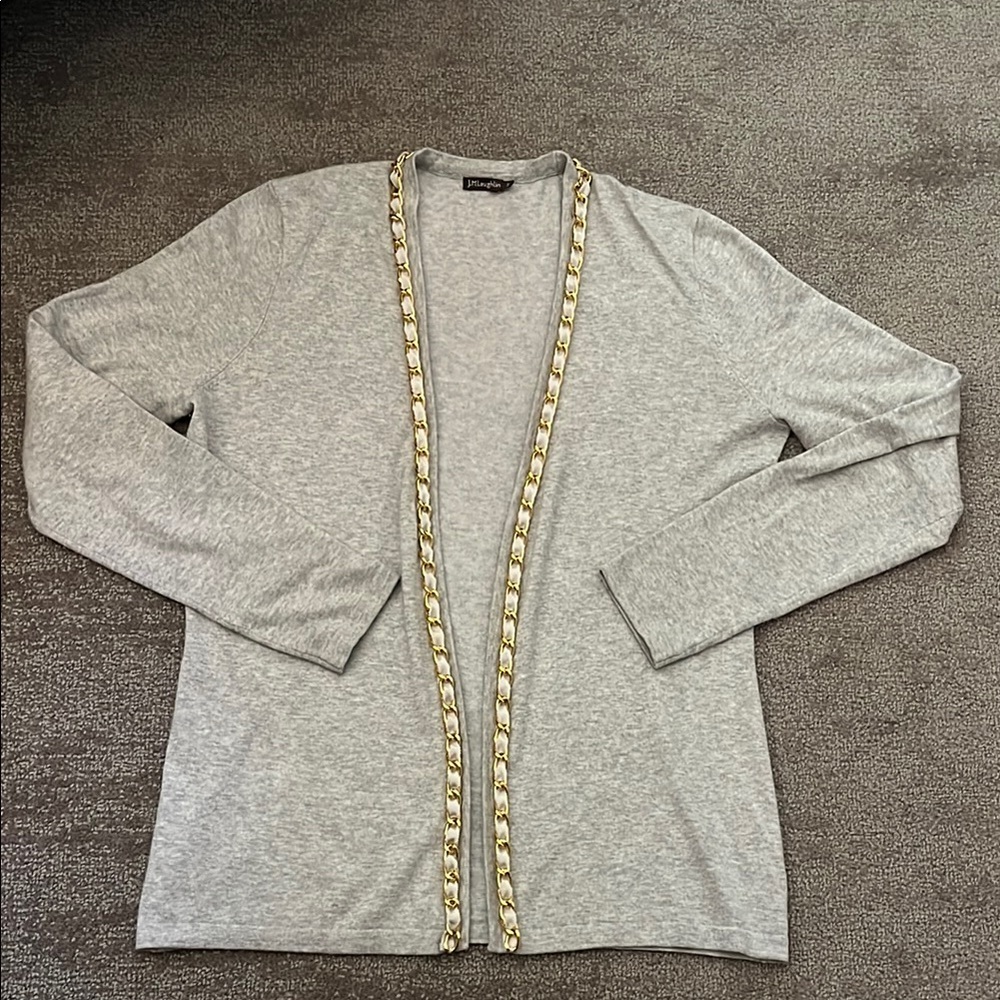 J. McGlaughlin Gray Cotton Blend Gold Chain Detail Cardigan Size Small - Picture 2 of 8